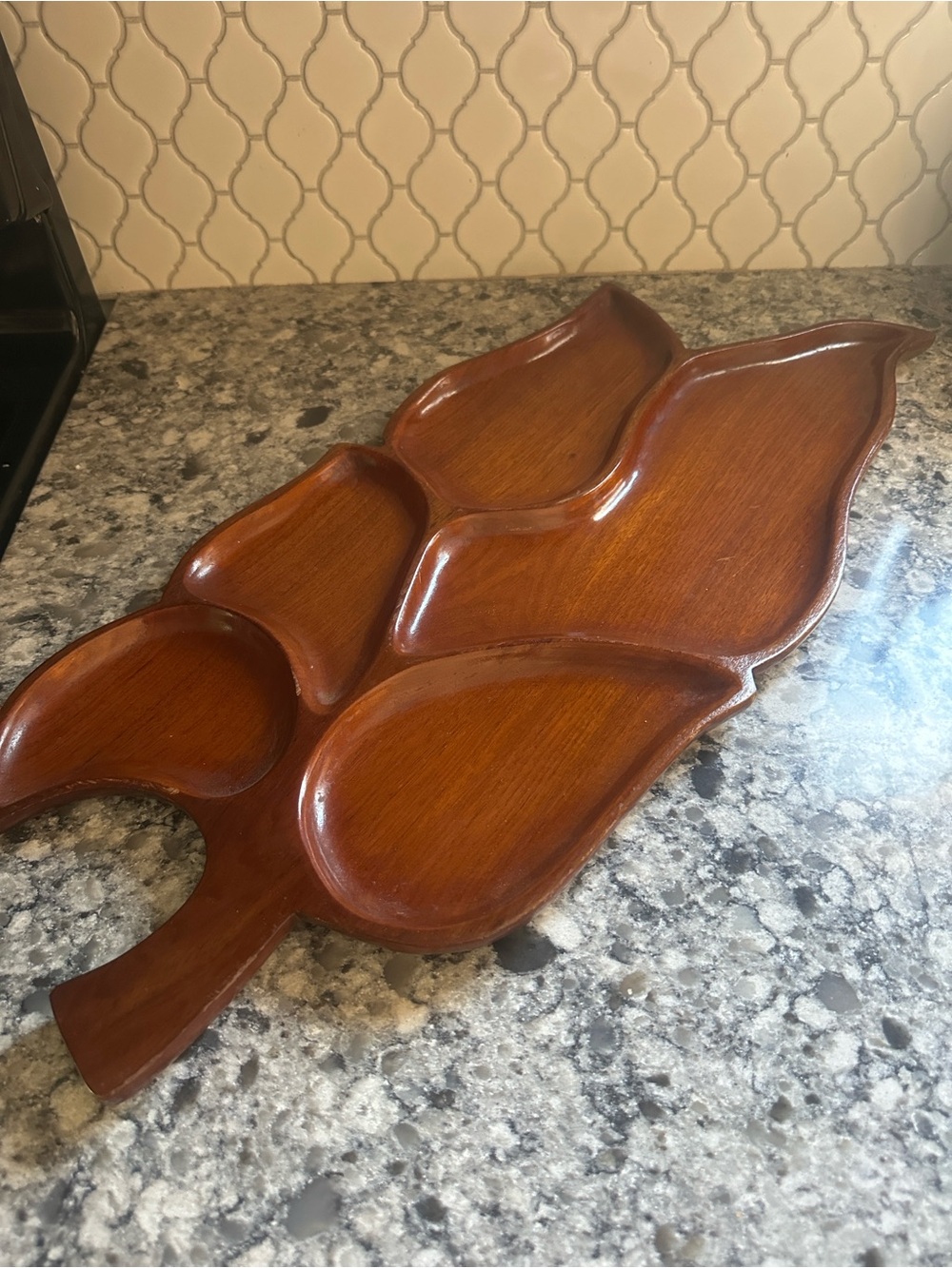 Vintage hand made mahogany Leaf-Shaped Wooden Serving Platter in Brown